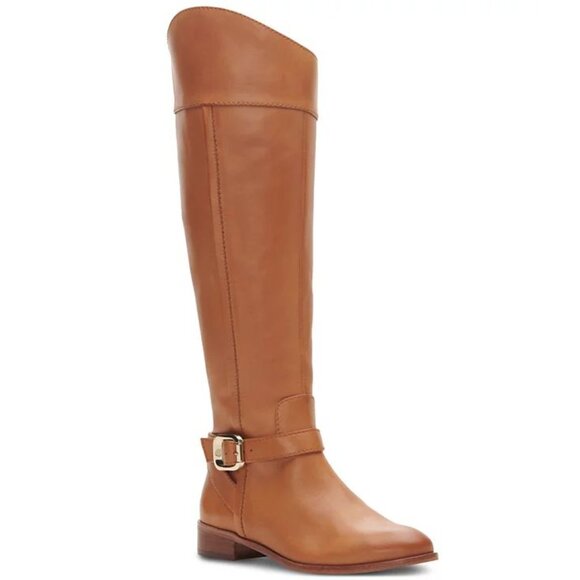 VINCE CAMUTO Ovarlym Riding Tall Boots Size 7.5 Light Cognac Brown LEATHER NEW - Picture 1 of 14